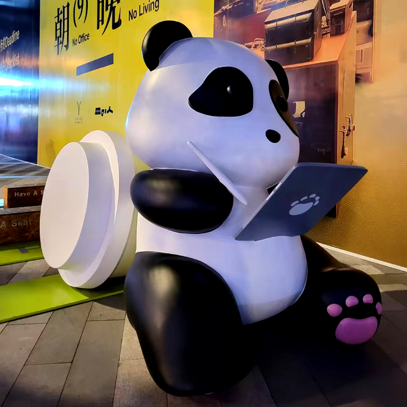 联球小熊猫品茶商业网红拍照打卡不锈钢景观雕塑