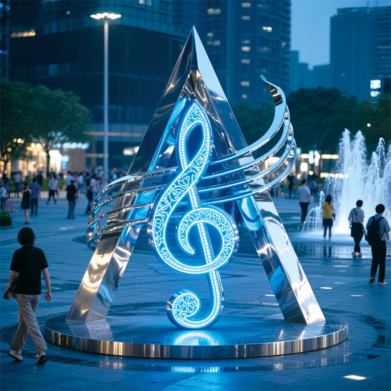 户外都市蓝调景观装置将音乐符号艺术化呈现，科技感与艺术感交融