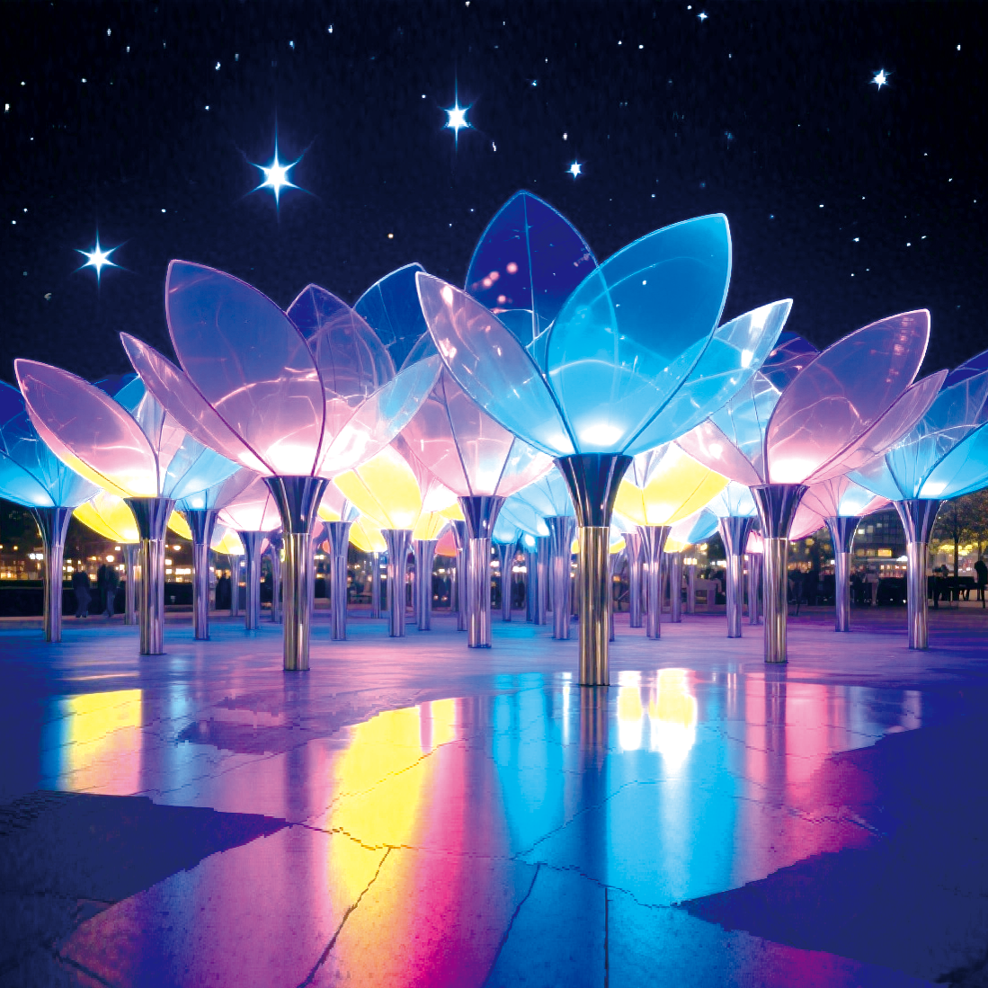 户外星夜花绽景观装置明花瓣呈现蓝、粉等色彩，搭配金属质感的花茎