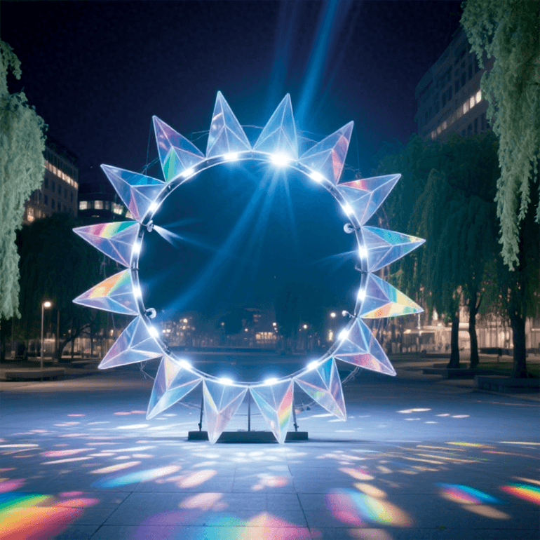 户外蓝芒星环景观装置营造梦幻且具视觉冲击力的夜景氛围