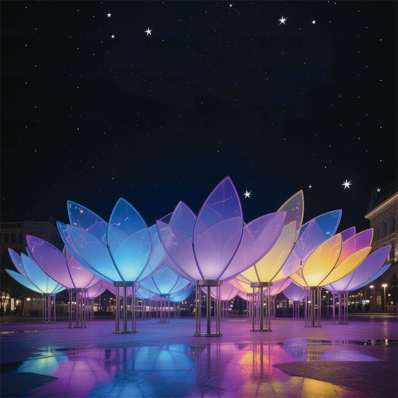 户外星夜花绽景观装置明花瓣呈现蓝、粉等色彩，搭配金属质感的花茎