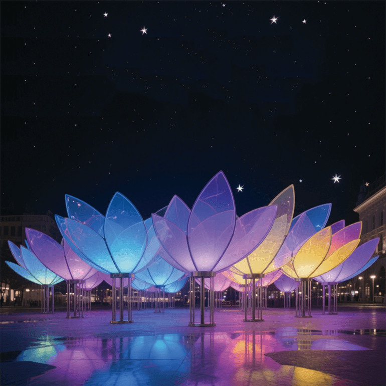 户外星夜花绽景观装置明花瓣呈现蓝、粉等色彩，搭配金属质感的花茎