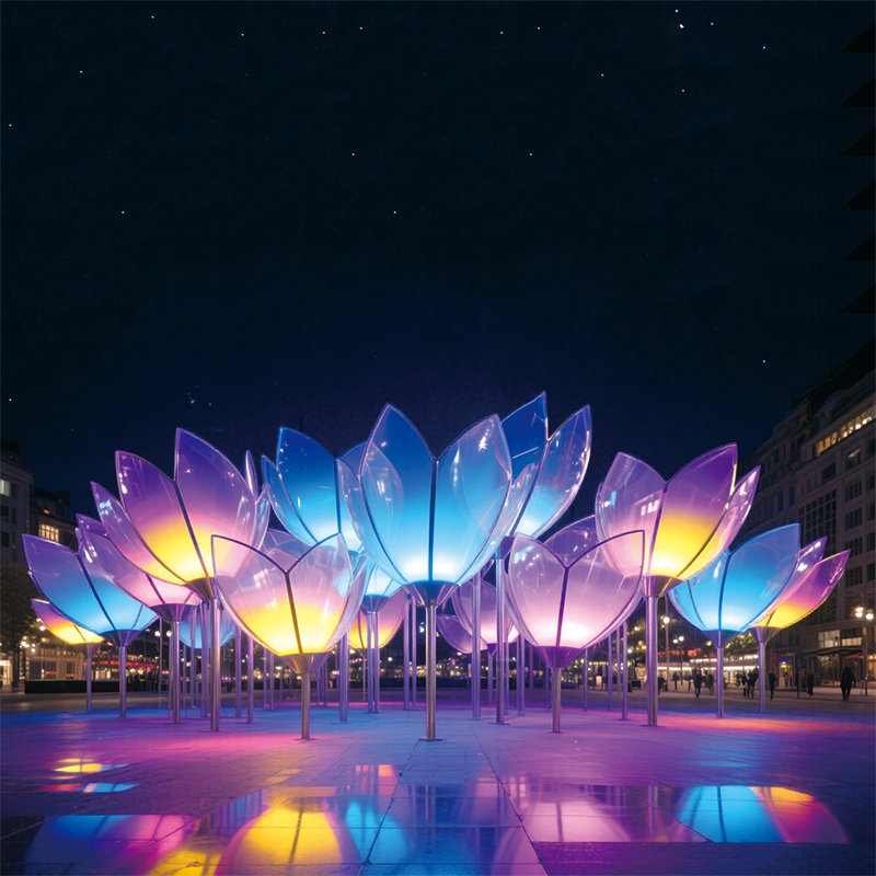 户外星夜花绽景观装置明花瓣呈现蓝、粉等色彩，搭配金属质感的花茎