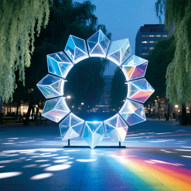 户外蓝芒星环景观装置营造梦幻且具视觉冲击力的夜景氛围