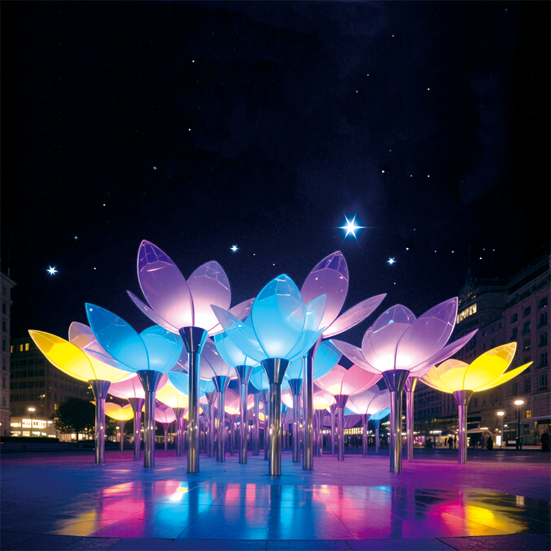 户外星夜花绽景观装置明花瓣呈现蓝、粉等色彩，搭配金属质感的花茎