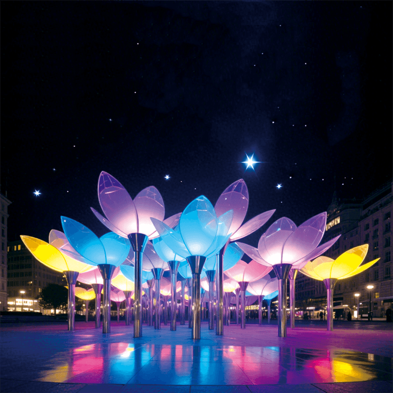 户外星夜花绽景观装置明花瓣呈现蓝、粉等色彩，搭配金属质感的花茎