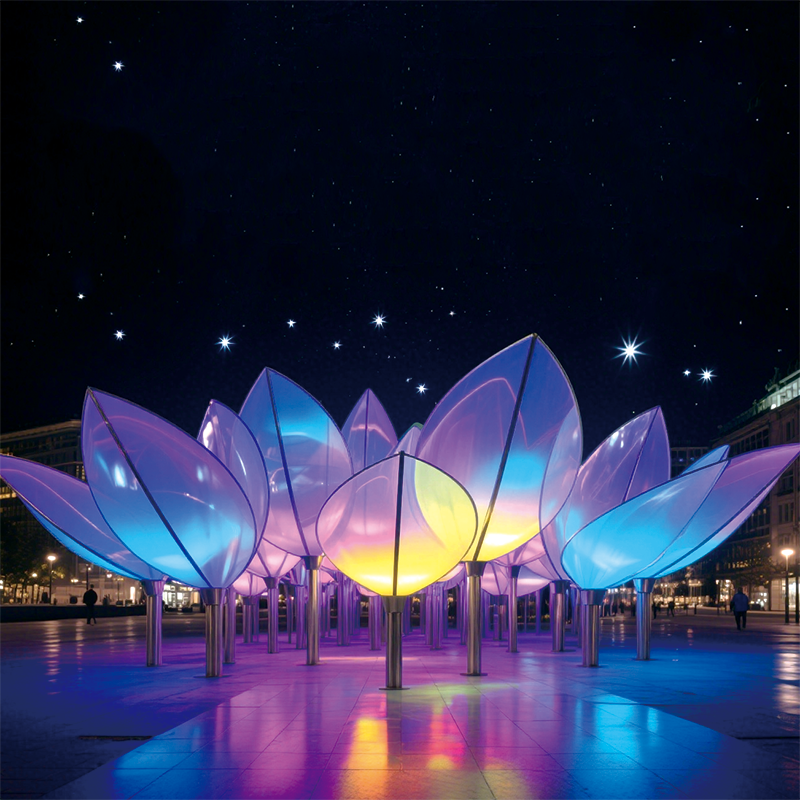 户外星夜花绽景观装置明花瓣呈现蓝、粉等色彩，搭配金属质感的花茎