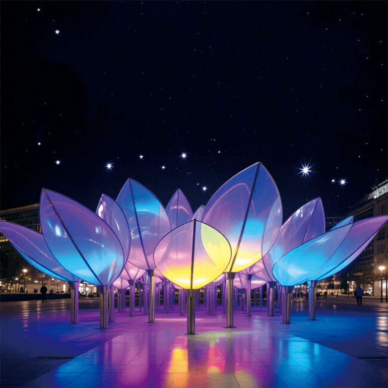 户外星夜花绽景观装置明花瓣呈现蓝、粉等色彩，搭配金属质感的花茎