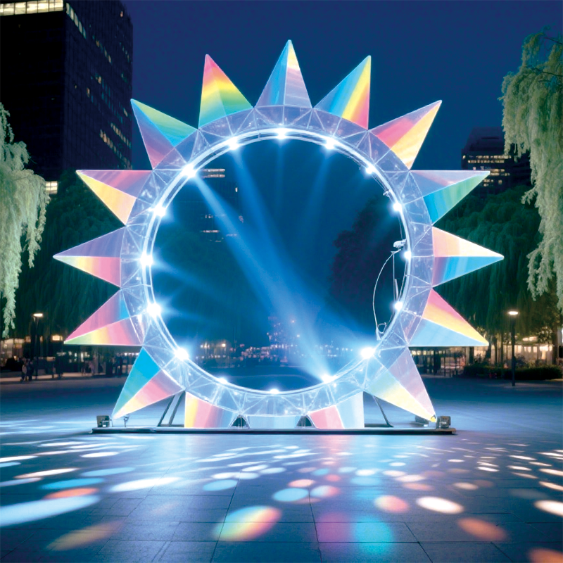 户外蓝芒星环景观装置营造梦幻且具视觉冲击力的夜景氛围