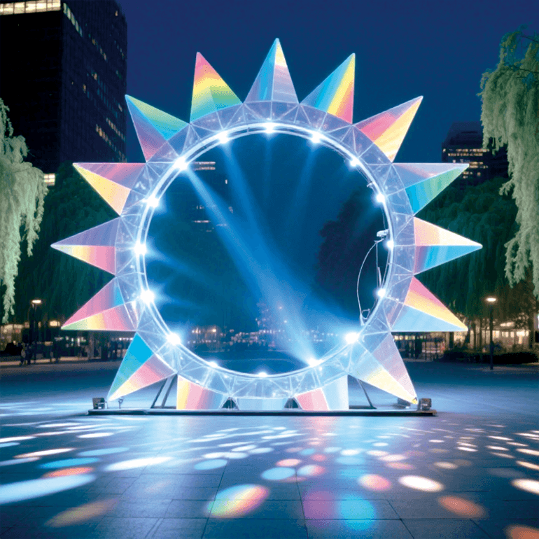 户外蓝芒星环景观装置营造梦幻且具视觉冲击力的夜景氛围