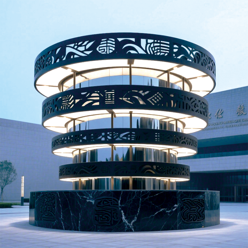 户外篆影层灯景观装置整体设计兼具现代感与文化韵味适合农庄别墅