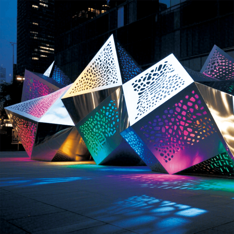 彩菱绽夜景观装置呈现几何形态相互交错、叠加，富有艺术感与立体感