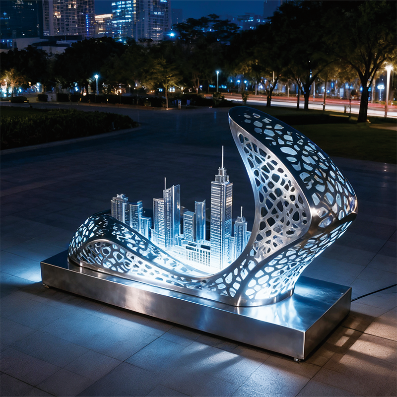 金属之城景观装饰装置用金属材质呈现出流畅且富有动感的曲面造型