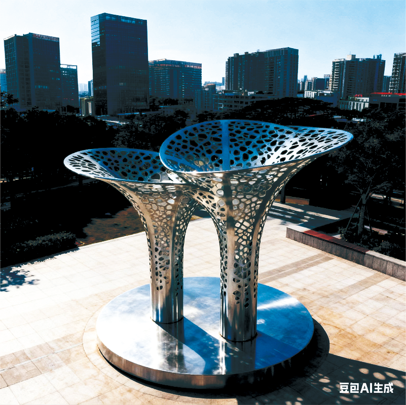 双生银冠景观主体为两株金属打造的 “树” 形结构金属表面光泽亮
