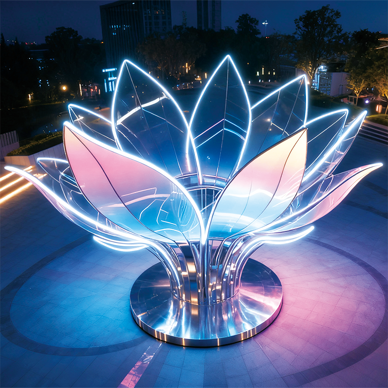 莲・幻彩之绽花瓣以粉蓝渐变的灯光勾勒，边缘的霓虹灯带明亮醒目