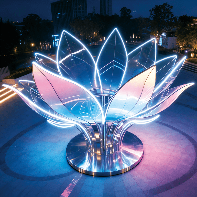 莲・幻彩之绽花瓣以粉蓝渐变的灯光勾勒，边缘的霓虹灯带明亮醒目