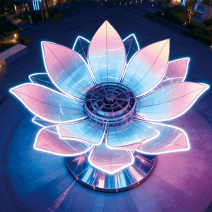 莲・幻彩之绽花瓣以粉蓝渐变的灯光勾勒，边缘的霓虹灯带明亮醒目