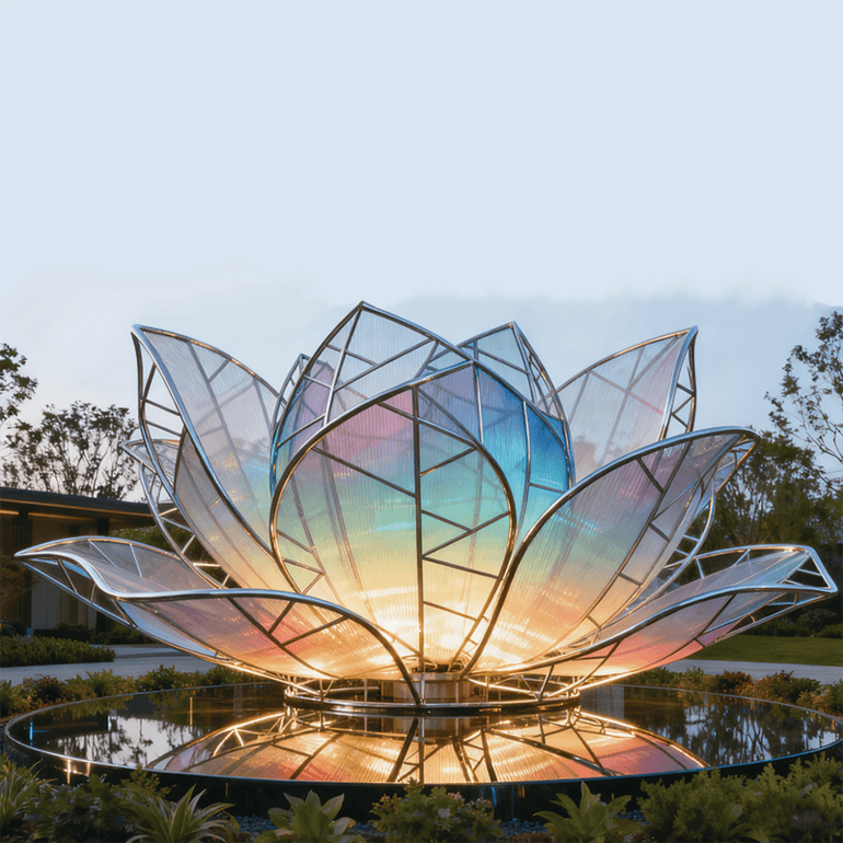 彩莲以金属框架构建花瓣的轮廓花瓣采用带有渐变色彩的通透材质