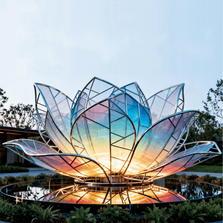 彩莲以金属框架构建花瓣的轮廓花瓣采用带有渐变色彩的通透材质