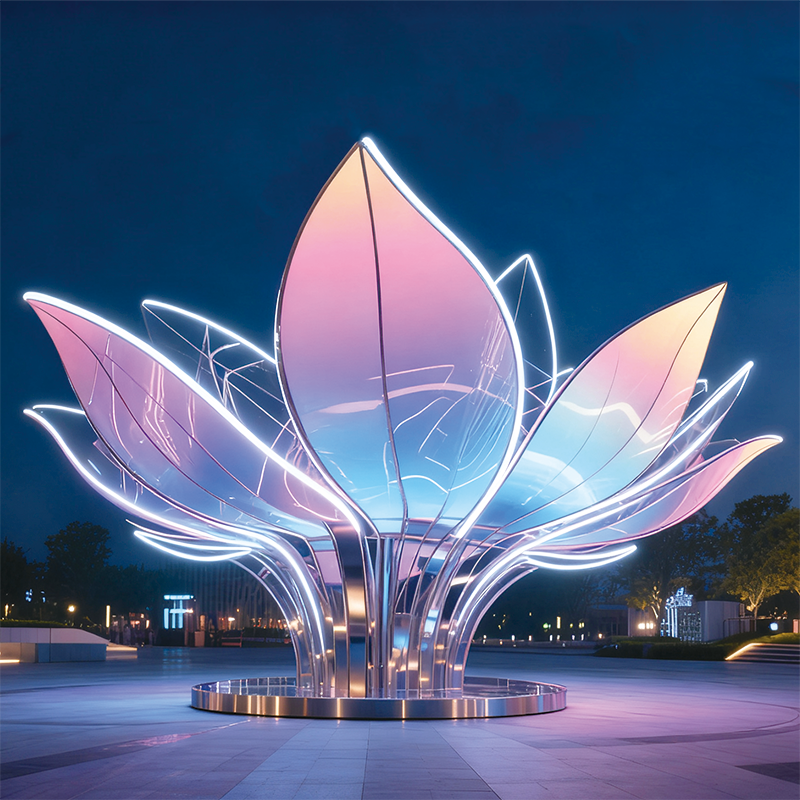 莲・幻彩之绽花瓣以粉蓝渐变的灯光勾勒，边缘的霓虹灯带明亮醒目