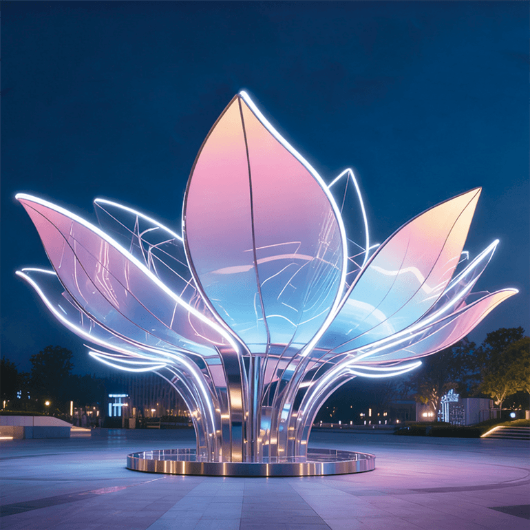 莲・幻彩之绽花瓣以粉蓝渐变的灯光勾勒，边缘的霓虹灯带明亮醒目