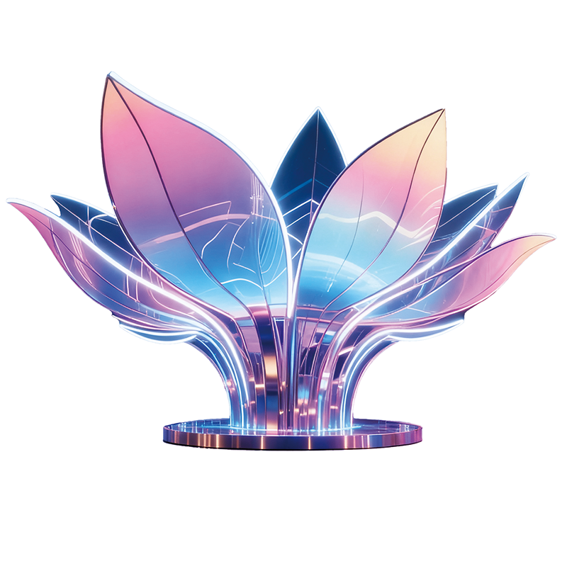 莲・幻彩之绽花瓣以粉蓝渐变的灯光勾勒，边缘的霓虹灯带明亮醒目