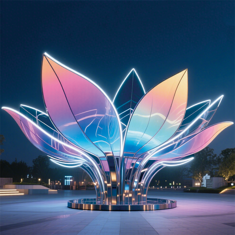莲・幻彩之绽花瓣以粉蓝渐变的灯光勾勒，边缘的霓虹灯带明亮醒目