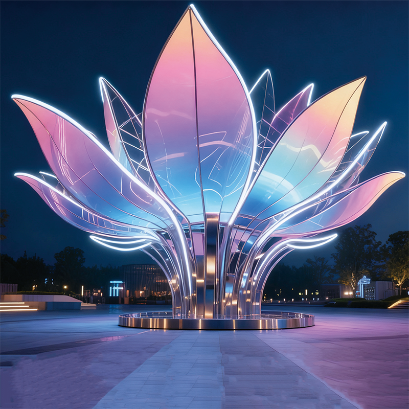 莲・幻彩之绽花瓣以粉蓝渐变的灯光勾勒，边缘的霓虹灯带明亮醒目