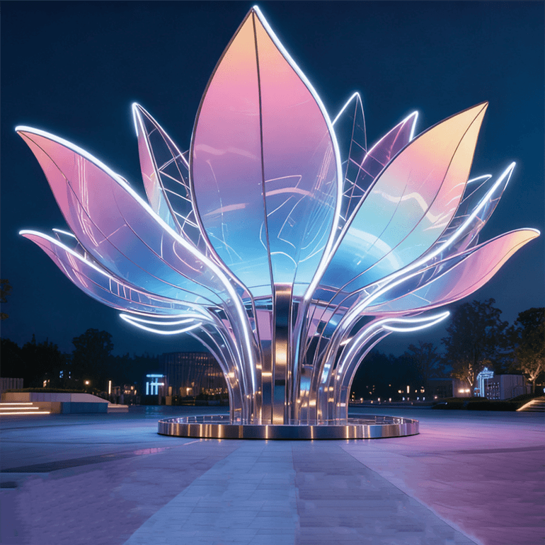 莲・幻彩之绽花瓣以粉蓝渐变的灯光勾勒，边缘的霓虹灯带明亮醒目