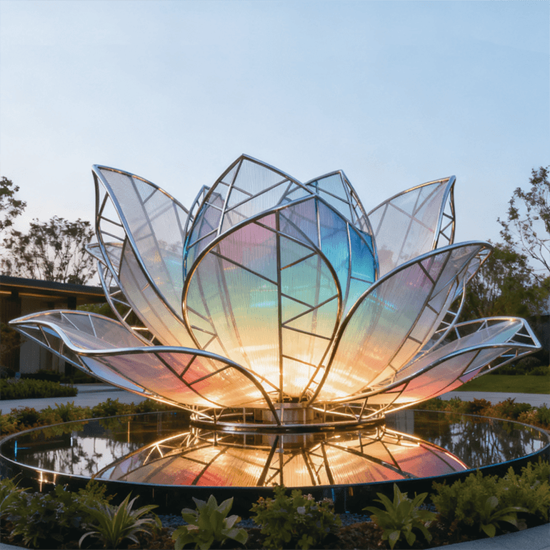 彩莲以金属框架构建花瓣的轮廓花瓣采用带有渐变色彩的通透材质