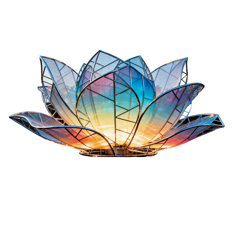 彩莲以金属框架构建花瓣的轮廓花瓣采用带有渐变色彩的通透材质