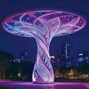 璀璨生命之冠为夜晚营造出梦幻氛围，是城市中十分吸睛的存在