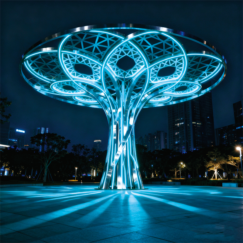 不锈钢镂空 “光影之树” 景观灯，造型与照明功能兼备的城市地标