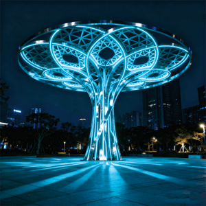 不锈钢镂空 “光影之树” 景观灯，造型与照明功能兼备的城市地标