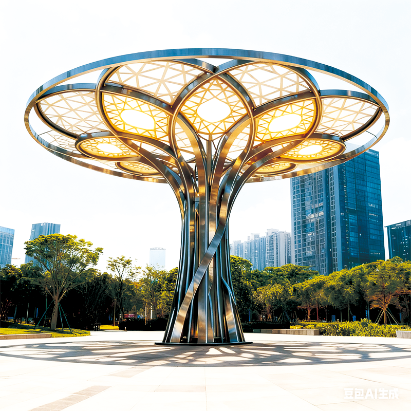 不锈钢镂空 “光影之树” 景观灯，造型与照明功能兼备的城市地标