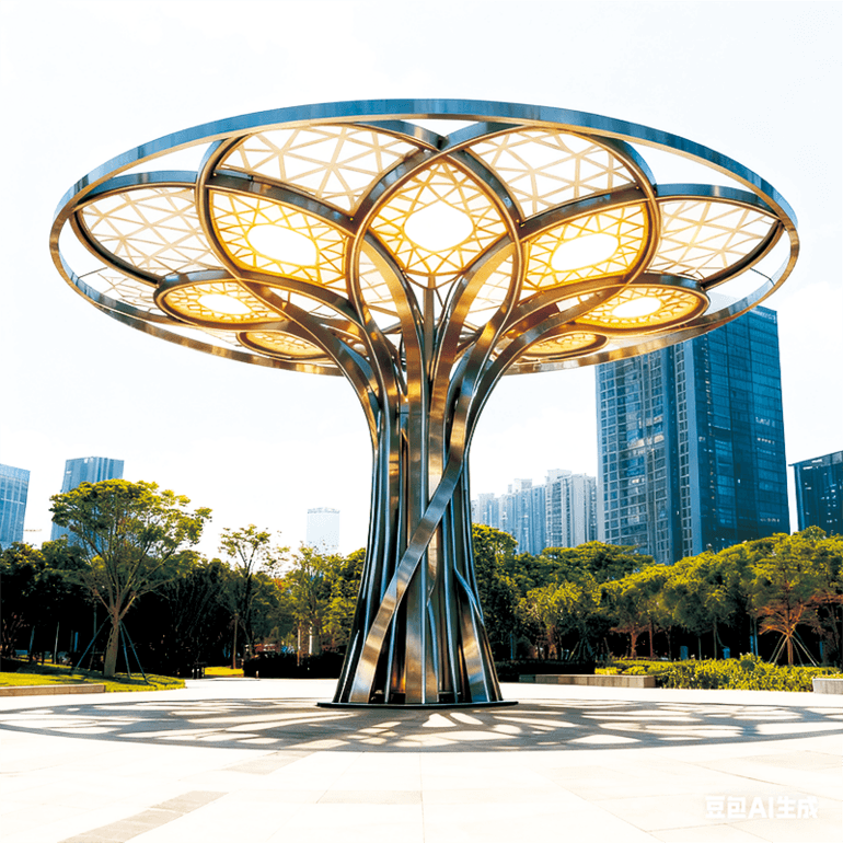 不锈钢镂空 “光影之树” 景观灯，造型与照明功能兼备的城市地标