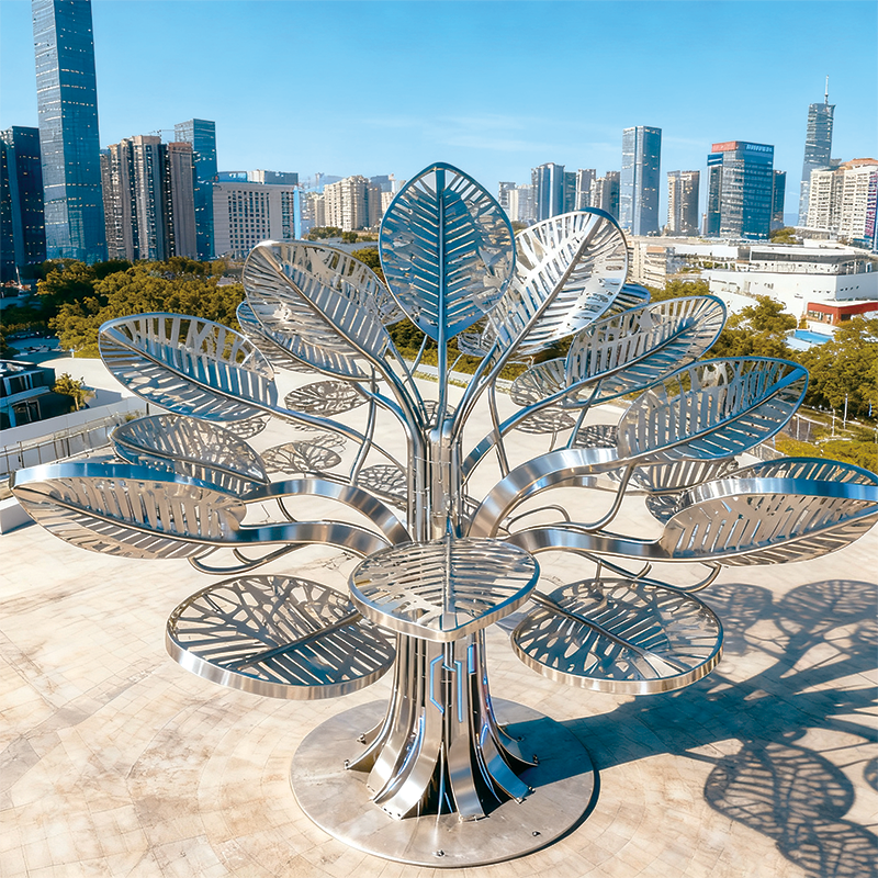 不锈钢树型景观灯 — 现代城市广场的光影地标，镂空叶片有发光效