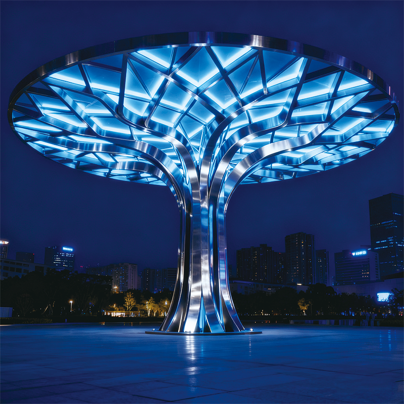 树形景观灯 —— 夜间蓝光艺术装置，镂空伞状结构，适合城市繁华