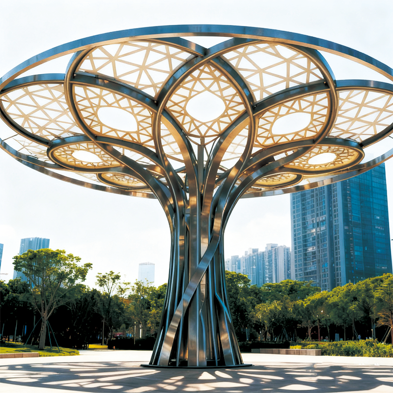 不锈钢镂空 “光影之树” 景观灯，造型与照明功能兼备的城市地标