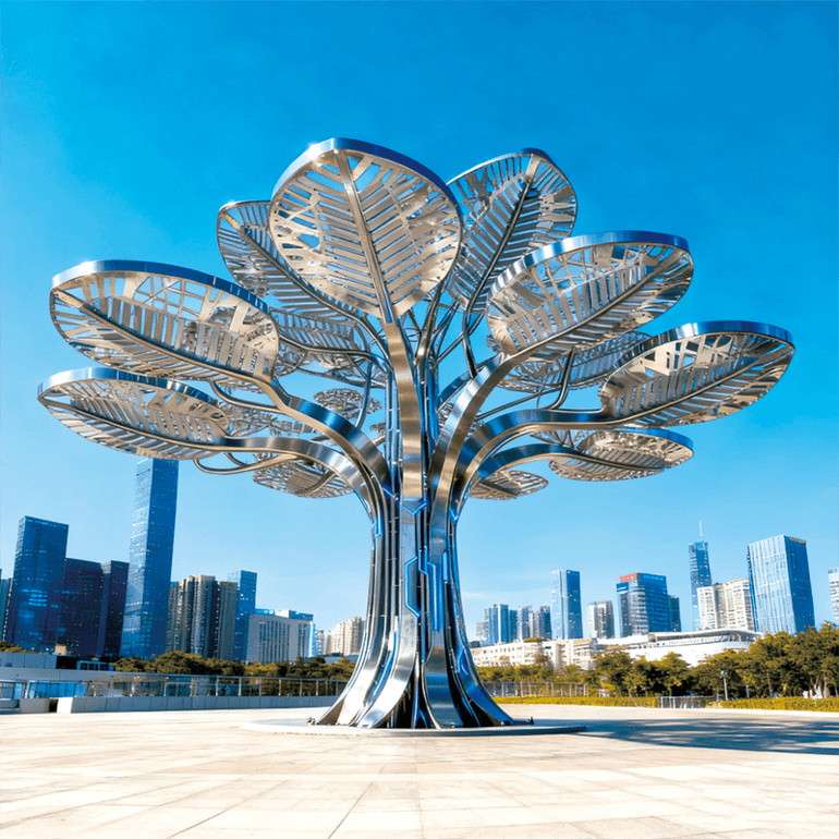 不锈钢树型景观灯 — 现代城市广场的光影地标，镂空叶片有发光效