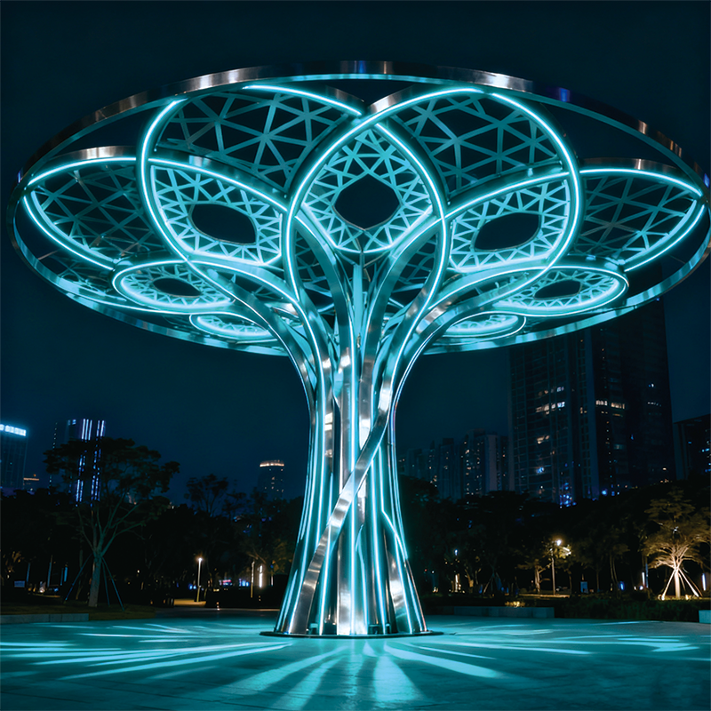不锈钢镂空 “光影之树” 景观灯，造型与照明功能兼备的城市地标