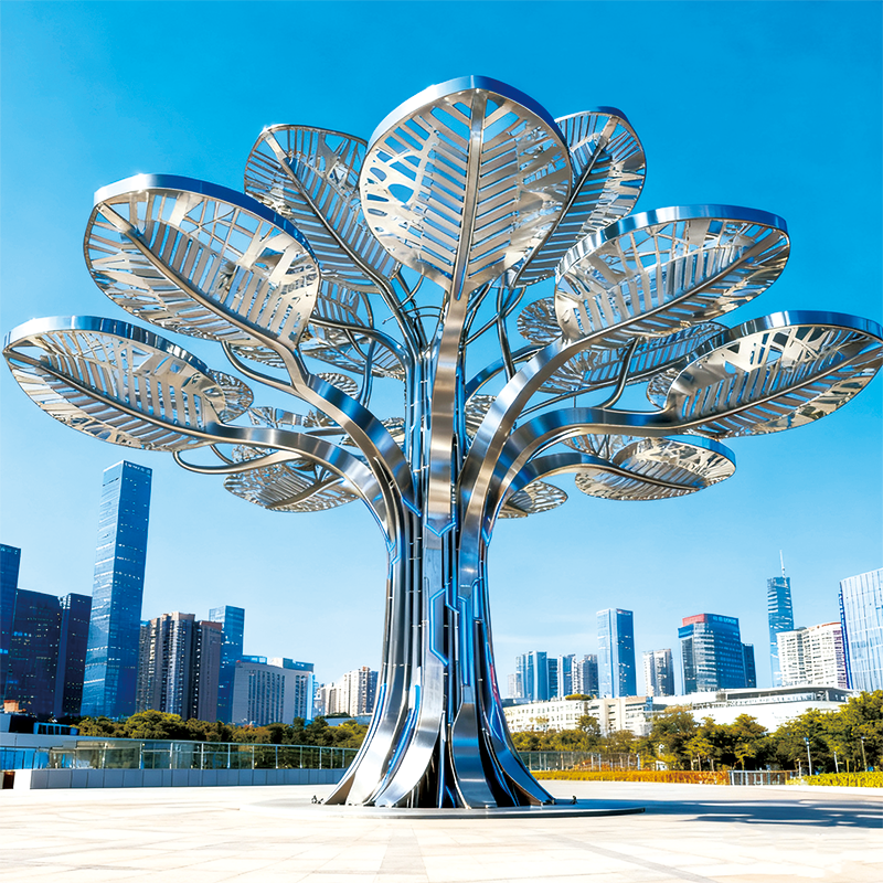 不锈钢树型景观灯 — 现代城市广场的光影地标，镂空叶片有发光效