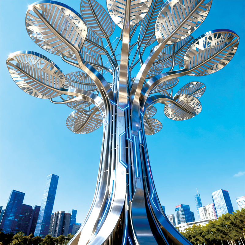 不锈钢树型景观灯 — 现代城市广场的光影地标，镂空叶片有发光效