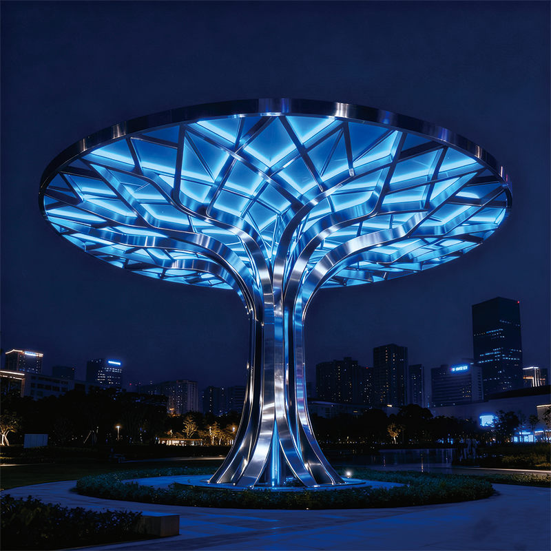 树形景观灯 —— 夜间蓝光艺术装置，镂空伞状结构，适合城市繁华