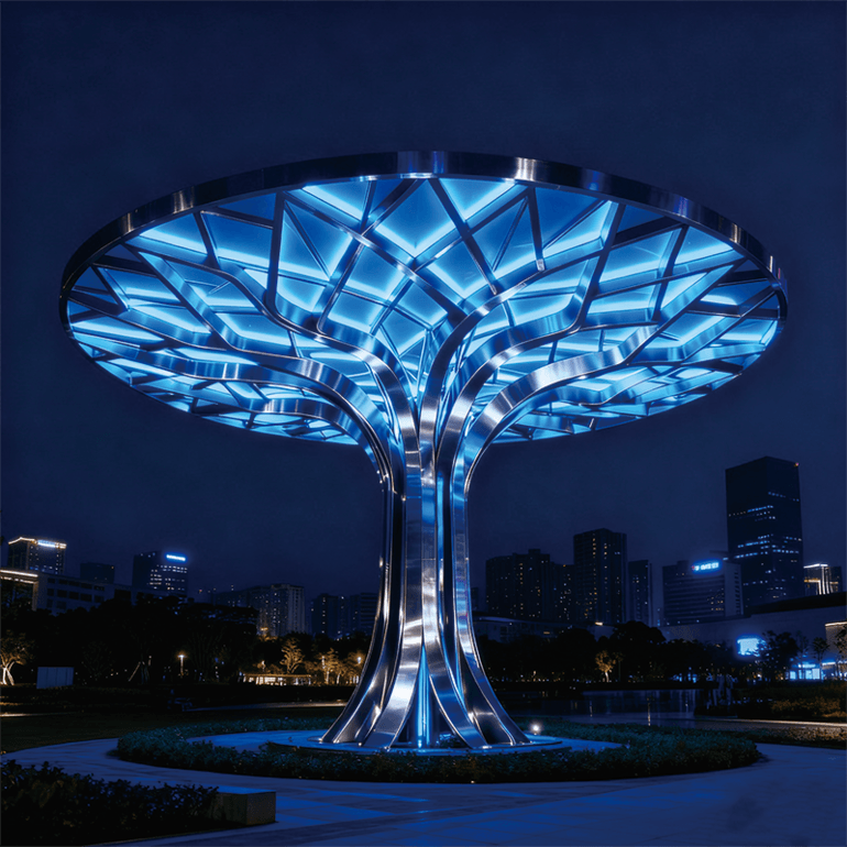 树形景观灯 —— 夜间蓝光艺术装置，镂空伞状结构，适合城市繁华