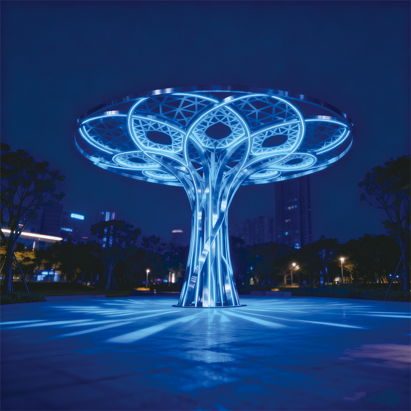 不锈钢镂空 “光影之树” 景观灯，造型与照明功能兼备的城市地标