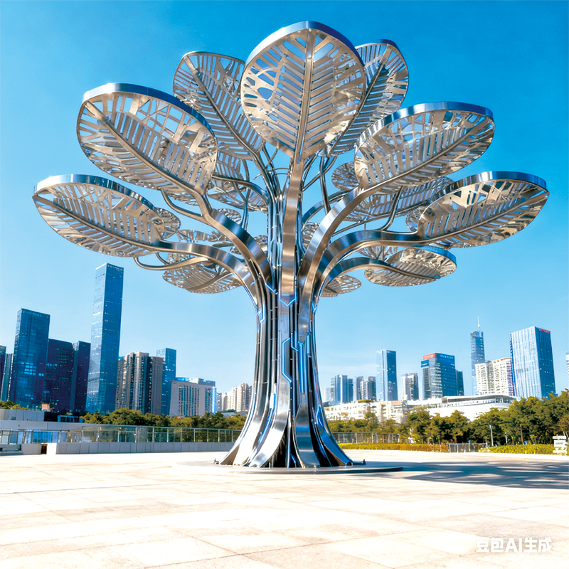 不锈钢树型景观灯 — 现代城市广场的光影地标，镂空叶片有发光效