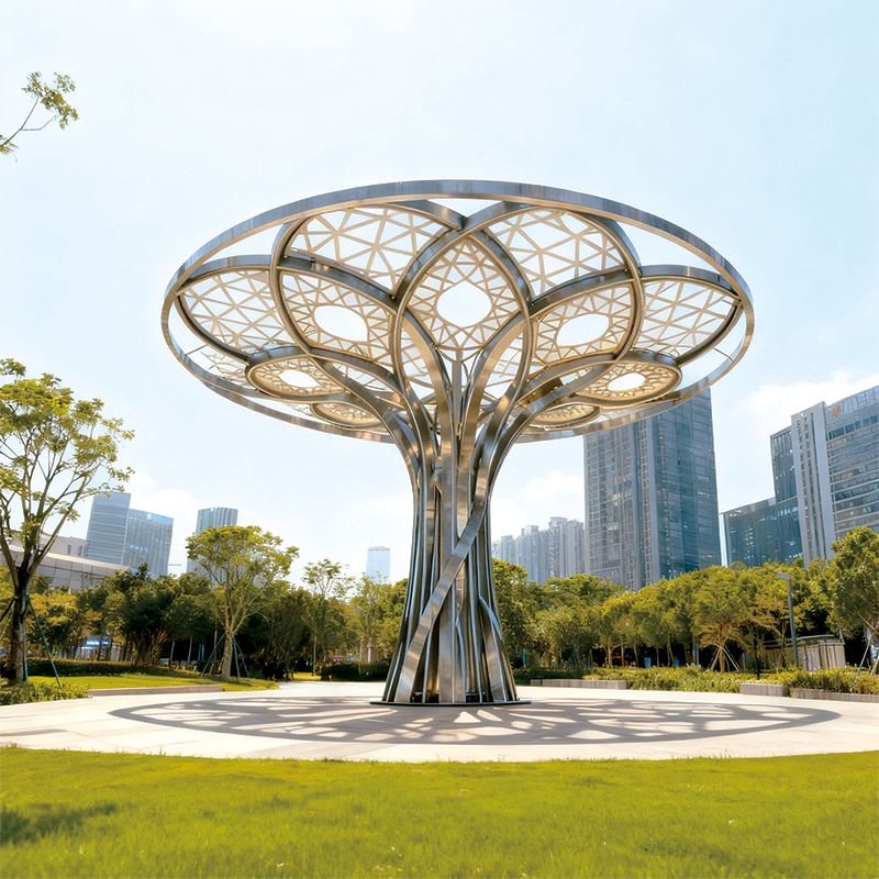 不锈钢镂空 “光影之树” 景观灯，造型与照明功能兼备的城市地标