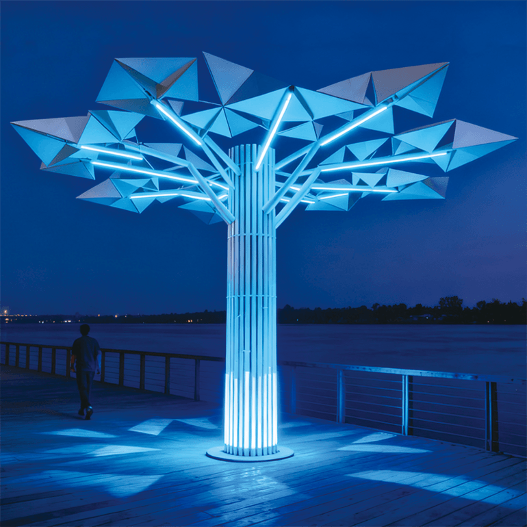 创意蓝调几何景观装置夜间点亮如梦幻雕塑为场所成为艺术视觉焦点