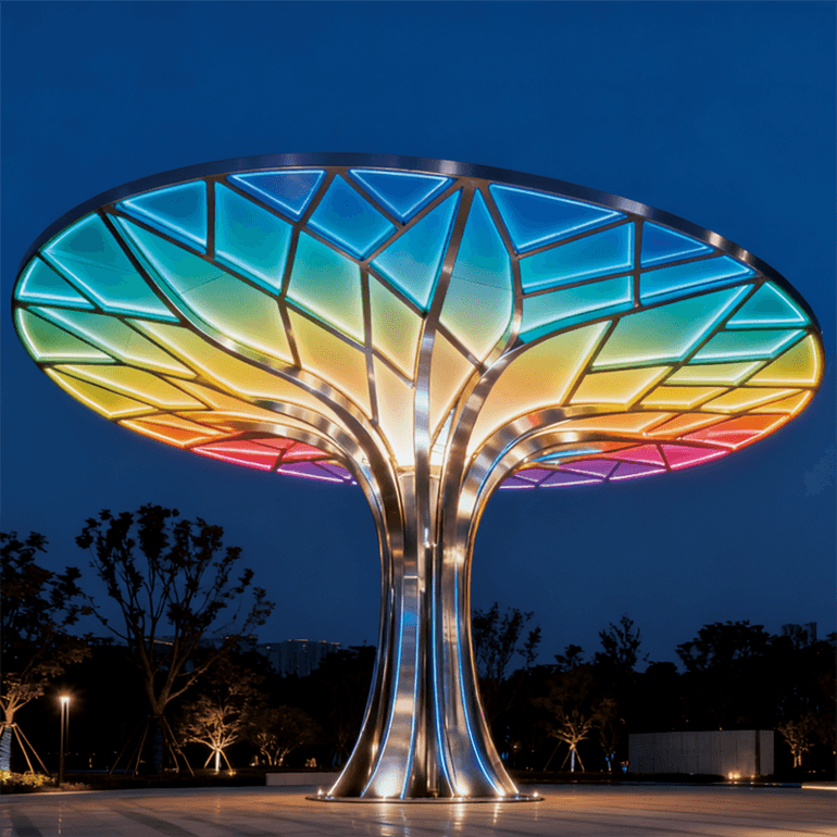 彩虹树冠 + 金属树身，白天是艺术雕塑，夜晚成梦幻地标，营造氛